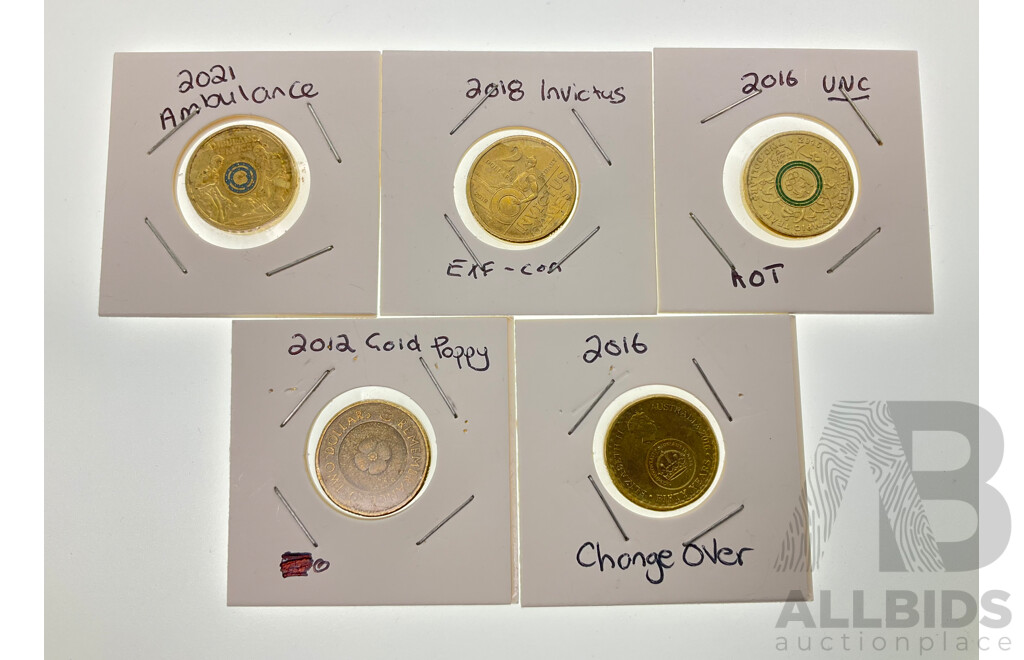 Five Australian Commemorative Two Dollar Coins Including 2012 Remembrance, 2016 Fifty Years of Decimal Currency, Olympic Team, 2018 INVITUS, 2021 Ambulance Service