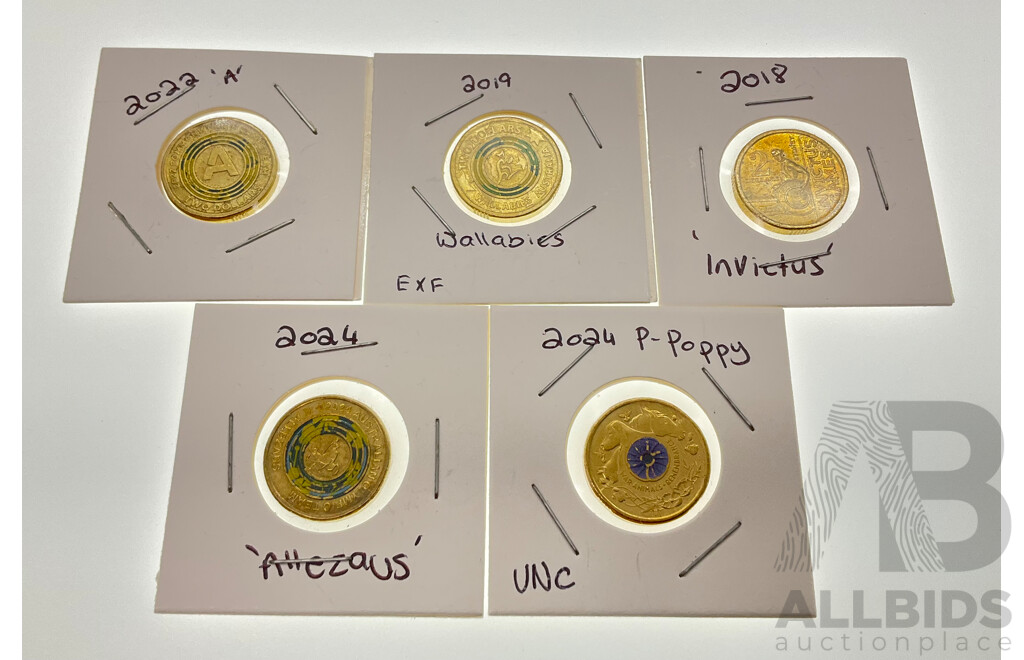 Fived Australian Commemorative Two Dollar Coins Including 2018 INVICTUS, 2019 Wallabies, 2022 Commonwealth Games, 2024 War Animals and Olympics