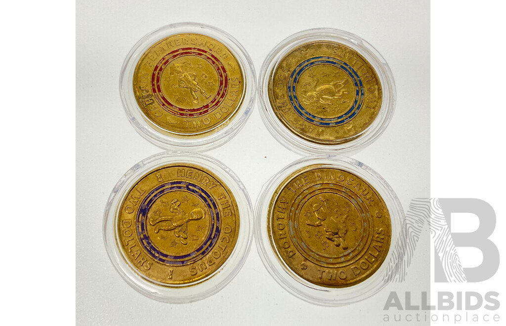 Four Australian 2021 Commemorative Two Dollar Coins, Dorothy the Dinosaur, Wags the Dog, Henry the Octopus, Captain Feather Sword