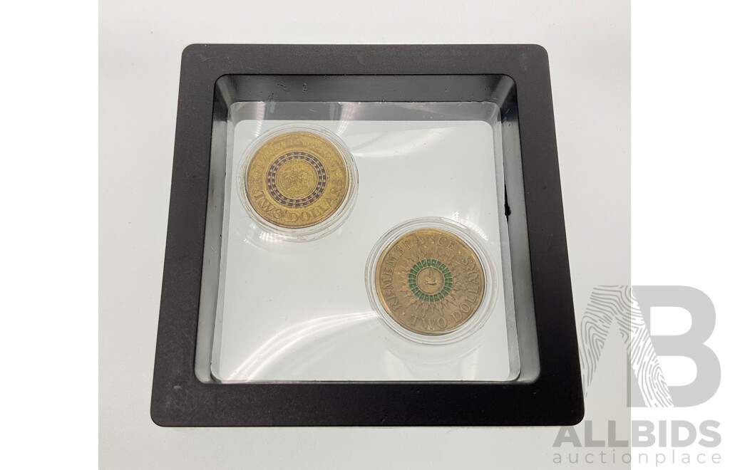 Two Australian Commemorative Two Dollar Coins 2013 QE2 Coronation and 2014 Remembrance