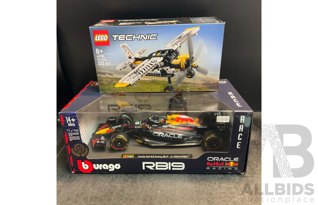 Bburago Red Bull Racing RB-19 Champion Diecast Model & LEGO 42198 Technic Blush Plane