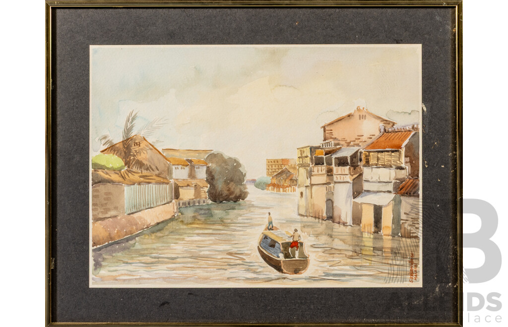 S.D.Abensha (20th Century, Indonesian), Lone Boat, Malaka, Indonesia (1984), Original Vintage Watercolour, 38 x 48 cm (frame)