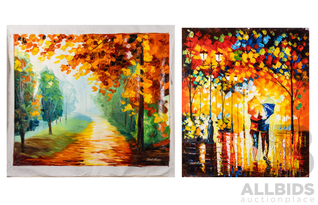 Leonid Afremov, (20th Century, Belarussian-Israeli, 1955-2019), Walking in Rain & the Path, Pair of Original Unstretched Oil on Canvases, 90 x 96 cm & 98 x 82 cm (unstretched) (2)