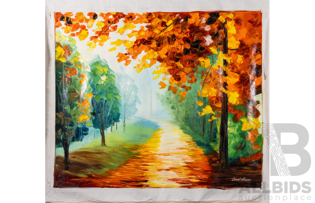 Leonid Afremov, (20th Century, Belarussian-Israeli, 1955-2019), Walking in Rain & the Path, Pair of Original Unstretched Oil on Canvases, 90 x 96 cm & 98 x 82 cm (unstretched) (2)