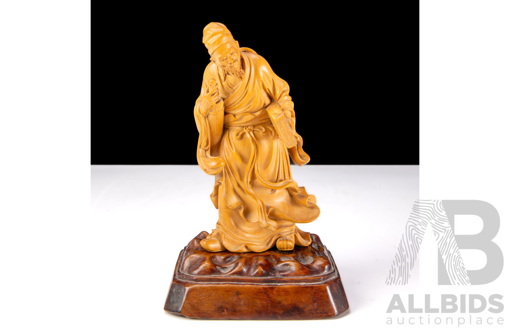 Vintage Chinese Carved Fruitwood Daoist Scholar Figure on Carved Wooden Stand