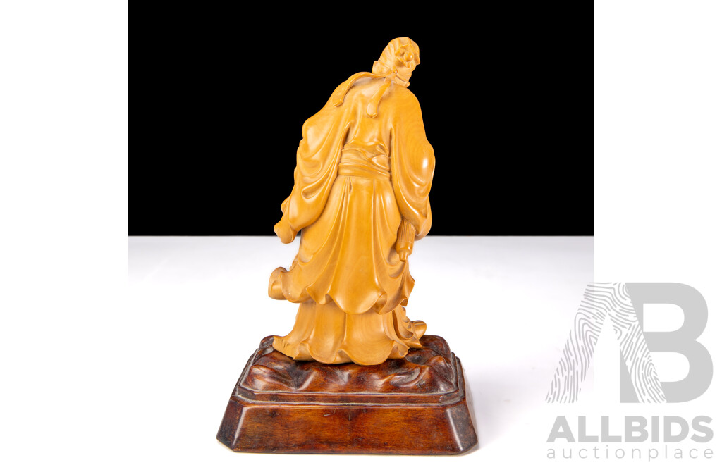 Vintage Chinese Carved Fruitwood Daoist Scholar Figure on Carved Wooden Stand