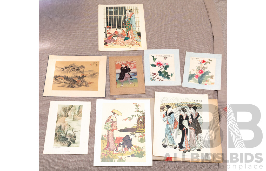 Varied Artists Unknown (Asian School), Collection of Eight Varied Asian Works Including Japanese Vintage Colour Prints & Ink and Wash on Silk Panels, 45 x 34 cm (largest) (8)