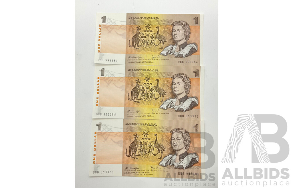 1979 R77 Knight Stone Three Consecutive $1 Notes. DBB 993384/6 UNC