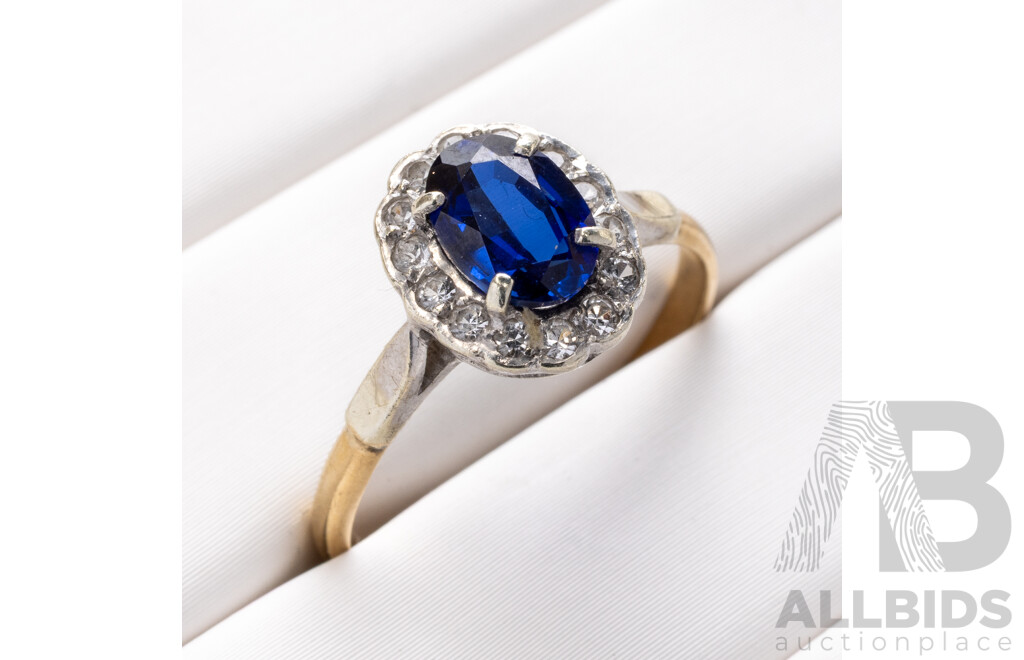 9ct Vintage Mid Blue Sapphire & White Sapphire Halo Ring, Size N, 2.11 Grams