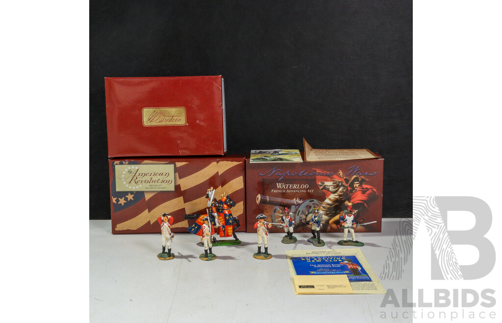 Three W. Britain/Ertl Collectables Cast Metal Figures Including Henry V Mounted, Waterloo French Advancing Set, American Revolution British 52nd Regiment on Foot