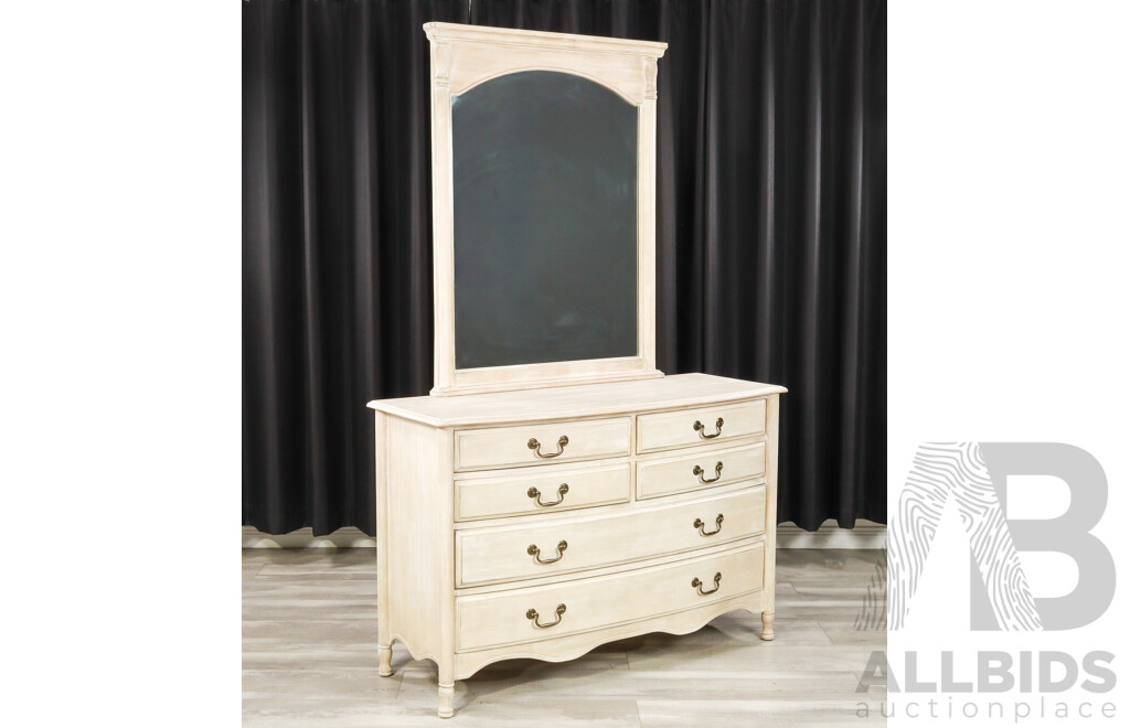 White Washed Timber Six Drawer Mirrored Back Dressing Chest