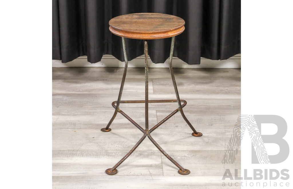 Vintage Metal Base Timber Top Workshop Stool