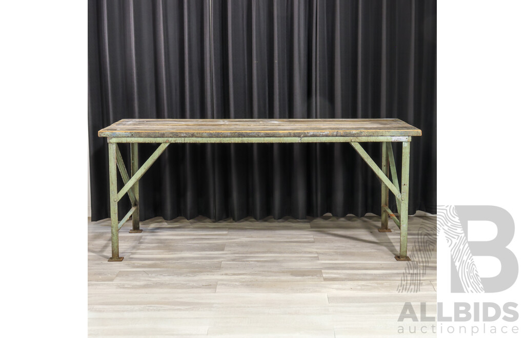 Large Industrial Works Bench with Raw Timber Top