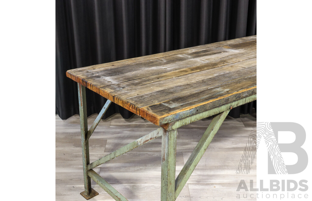 Large Industrial Works Bench with Raw Timber Top