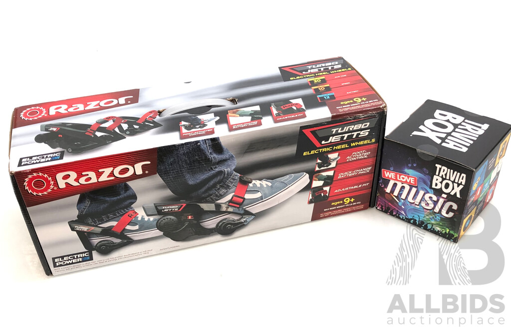Razor Turbo Jetts Electric Heel Wheels and We Love Music Trivia Box - Brand New