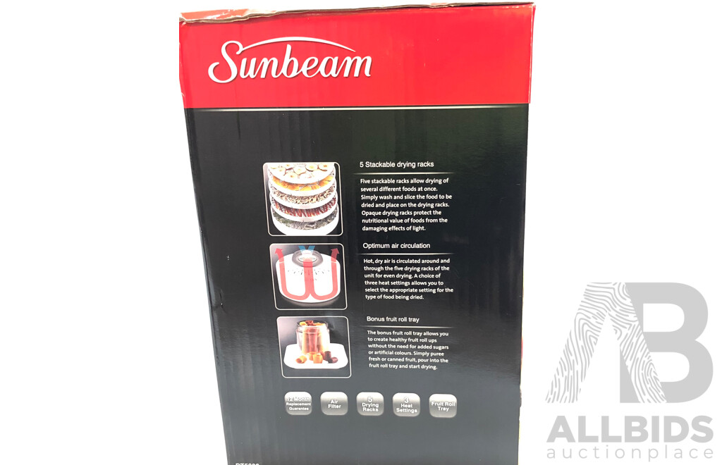 Sunbeam Electric Food Dehydrator with Five Drying Racks - Brand New
