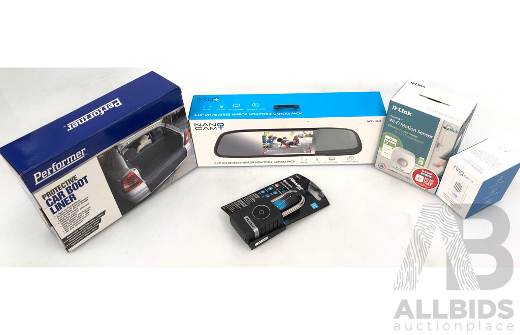 Nano Cam Reverse Mirror Camera, Car Boot Liner,  Ring Chime Doorbell, D-Link Wi-Fi Motion Sensor, Master Lock Bluetooth Outdoor Padlock - Brand New