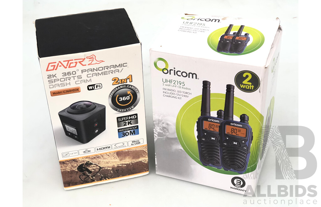 Oricom Two Watt Handheld UHF Radio Twin Pack and Gator 2K 360° Panoramic Sports Camera/Dash Cam
