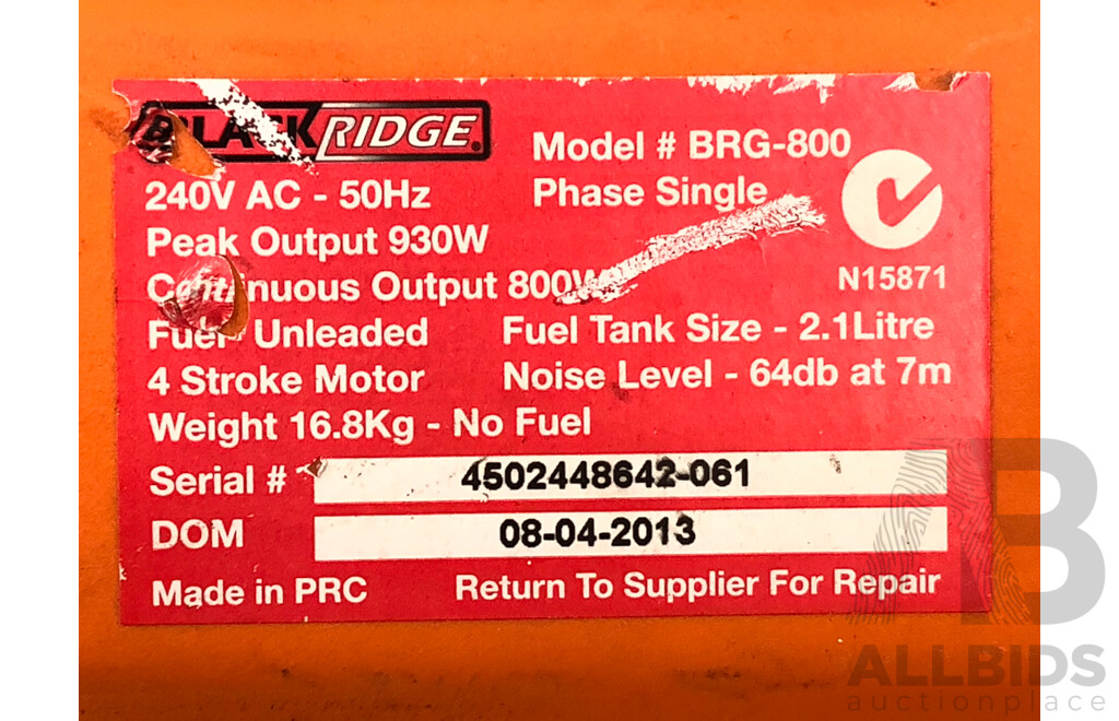 Black Ridge BRG-800 Single Phase 800 Watt Generator