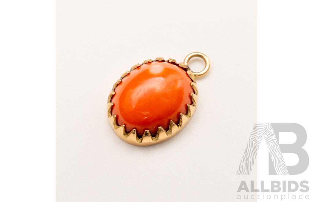 18ct Vintage Red Coral Cabochon Pendant, 17mm Long, 2.12 Grams