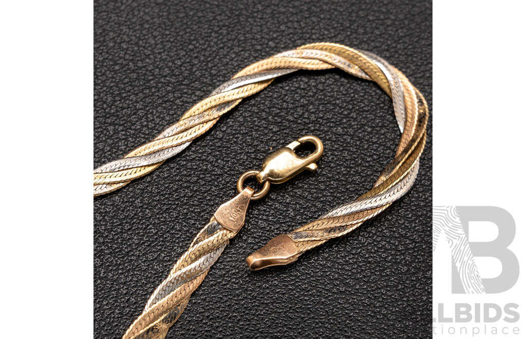 10ct White, Yellow & Rose Gold Twist Snake Bracelet, 19cm, 3.19 Grams
