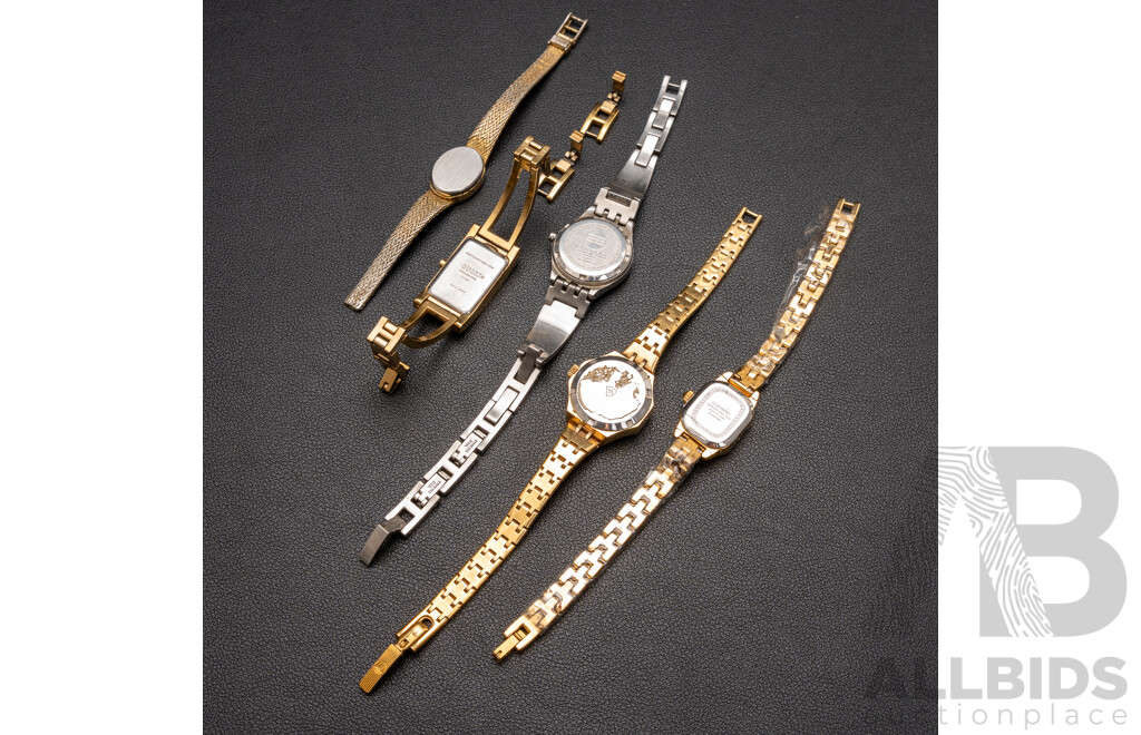 Collection of (5) Ladies Dress Watches, Vintage & Modern Incl. Nivada, R Miller, Guess & Maxum