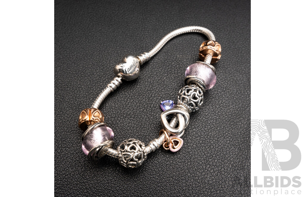 Pandora Moments 'Family' Sterling Silver Bracelet 18cm with (9) Pandora Sterling Bead Charms, 34.73 Grams
