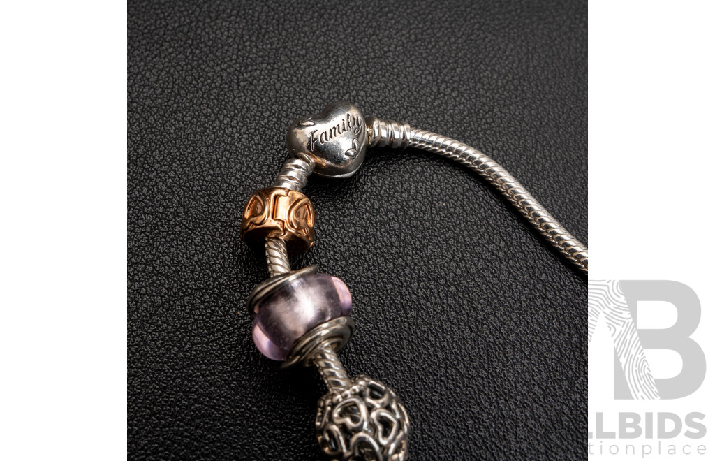 Pandora Moments 'Family' Sterling Silver Bracelet 18cm with (9) Pandora Sterling Bead Charms, 34.73 Grams