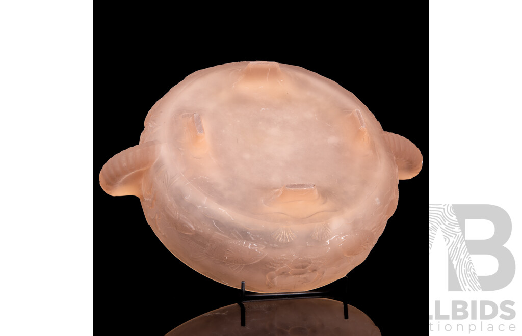 Antique Australian Pressed Pink Satin Glass Float Bowl with Marine Scene