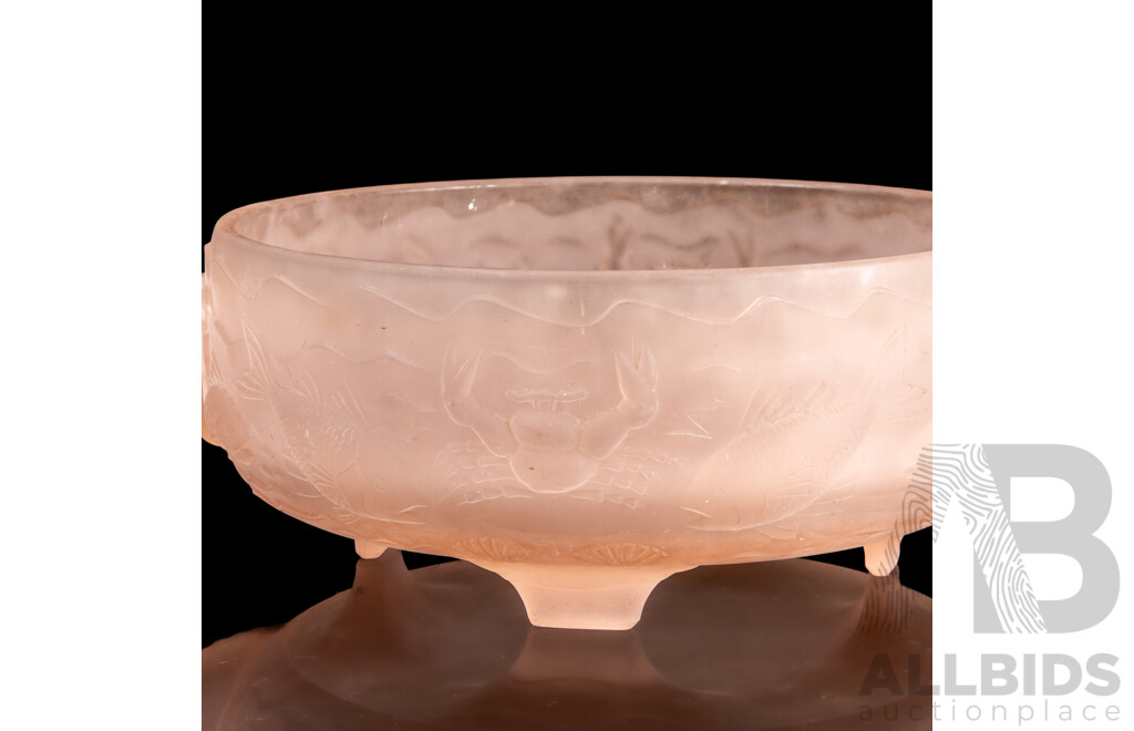 Antique Australian Pressed Pink Satin Glass Float Bowl with Marine Scene