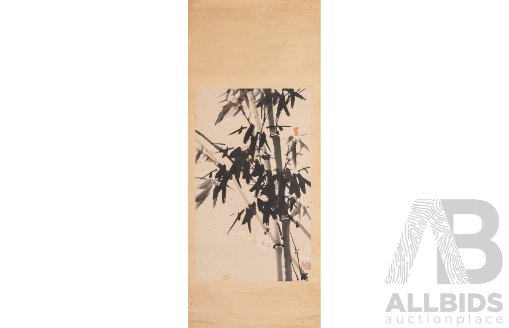 Artists Unknown (20th Century, Asian School), Bamboo, Deep Valley, Fisherman in Yellow Sandals & Year of the Fish, Quartet of Vintage Ink & Wash Paper Scrolls, 148 x 40 cm (largest in entirety) (4)