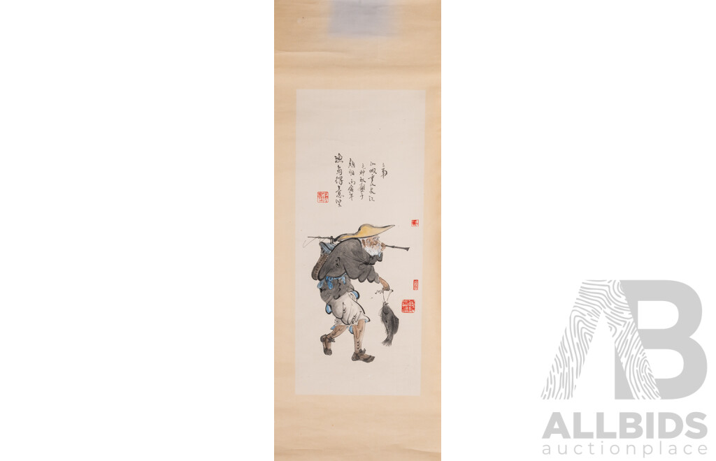 Artists Unknown (20th Century, Asian School), Bamboo, Deep Valley, Fisherman in Yellow Sandals & Year of the Fish, Quartet of Vintage Ink & Wash Paper Scrolls, 148 x 40 cm (largest in entirety) (4)