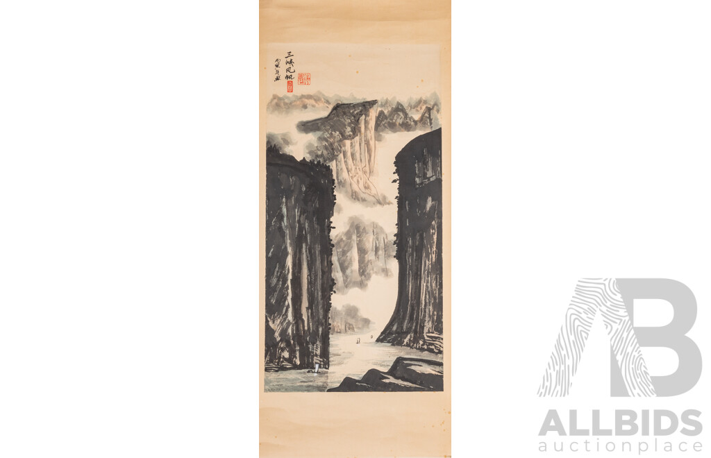 Artists Unknown (20th Century, Asian School), Bamboo, Deep Valley, Fisherman in Yellow Sandals & Year of the Fish, Quartet of Vintage Ink & Wash Paper Scrolls, 148 x 40 cm (largest in entirety) (4)