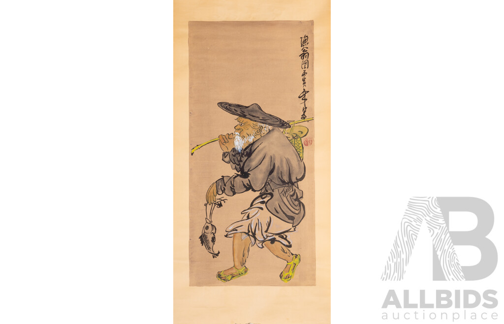 Artists Unknown (20th Century, Asian School), Bamboo, Deep Valley, Fisherman in Yellow Sandals & Year of the Fish, Quartet of Vintage Ink & Wash Paper Scrolls, 148 x 40 cm (largest in entirety) (4)