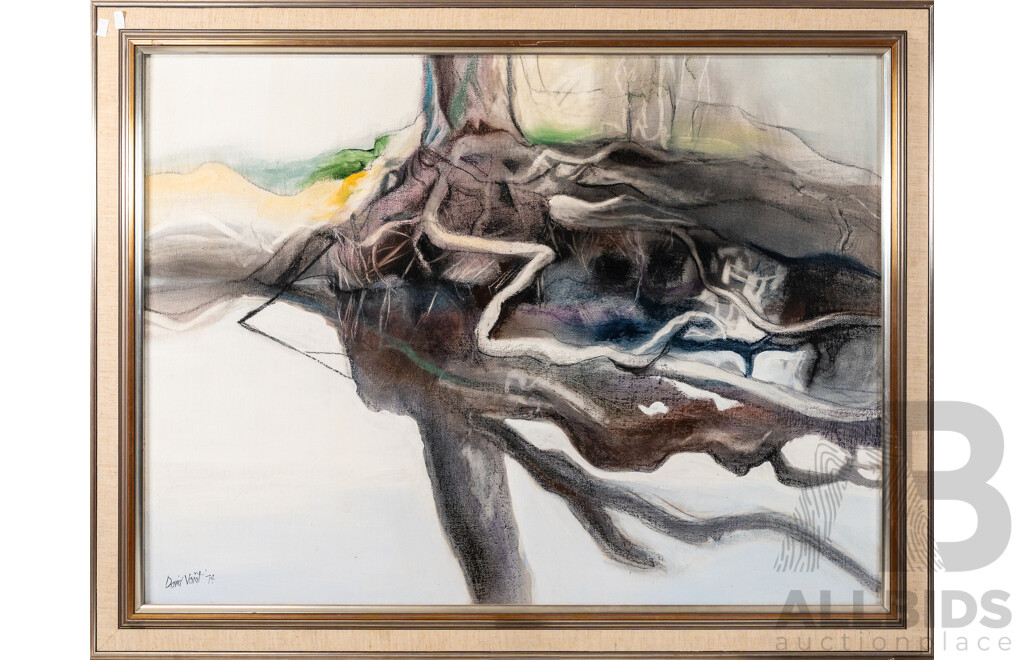 David Voigt, (20th Century, Australian, 1943 or 44-), Todd River Reflection, Alice Springs (1974), Wonderful Original Liquitex Acrylic & Pastel on Canvas Board, 81 x 104 cm (frame)