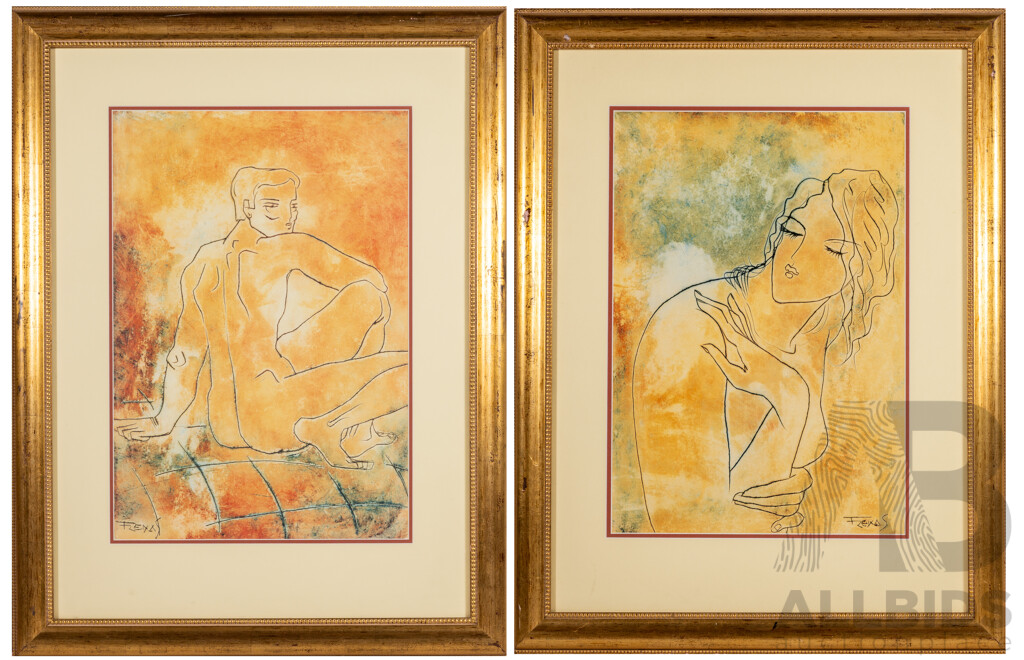 Freixas, (20th Century), Nude Reclining & Lady Posing, Quality Framed Reproduction Prints, 79 x 60 cm (frames) (2)
