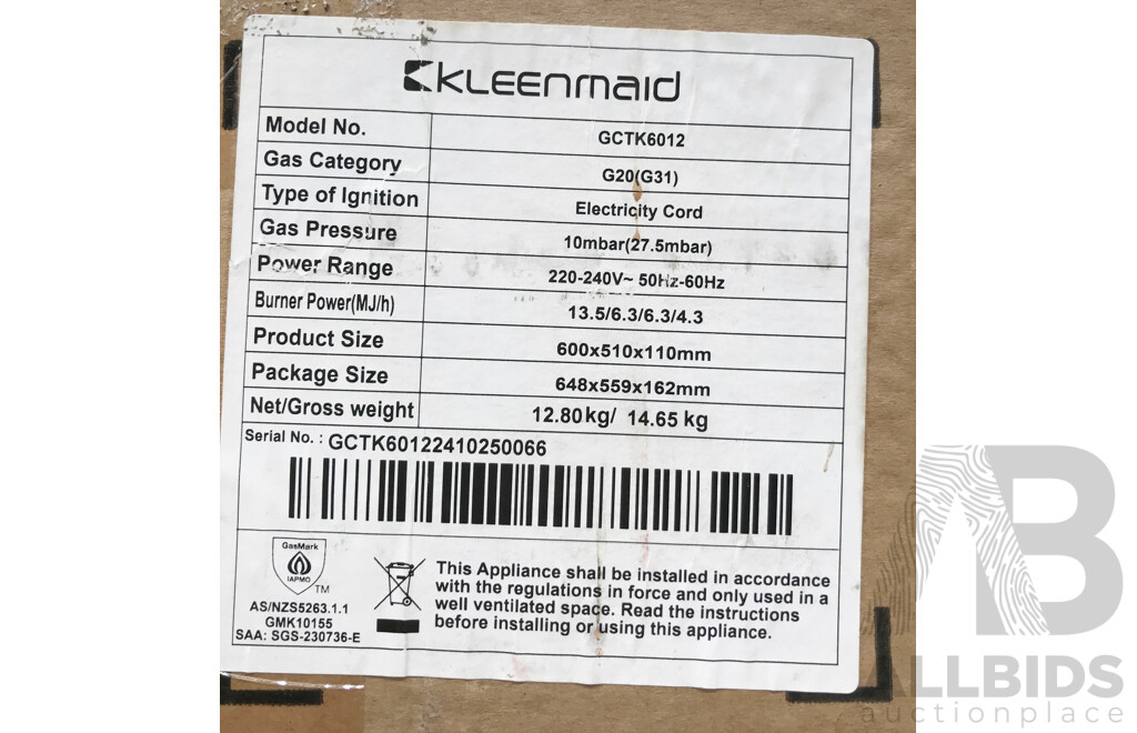 Kleenmaid Built in Gas Cooktop  - Brand New