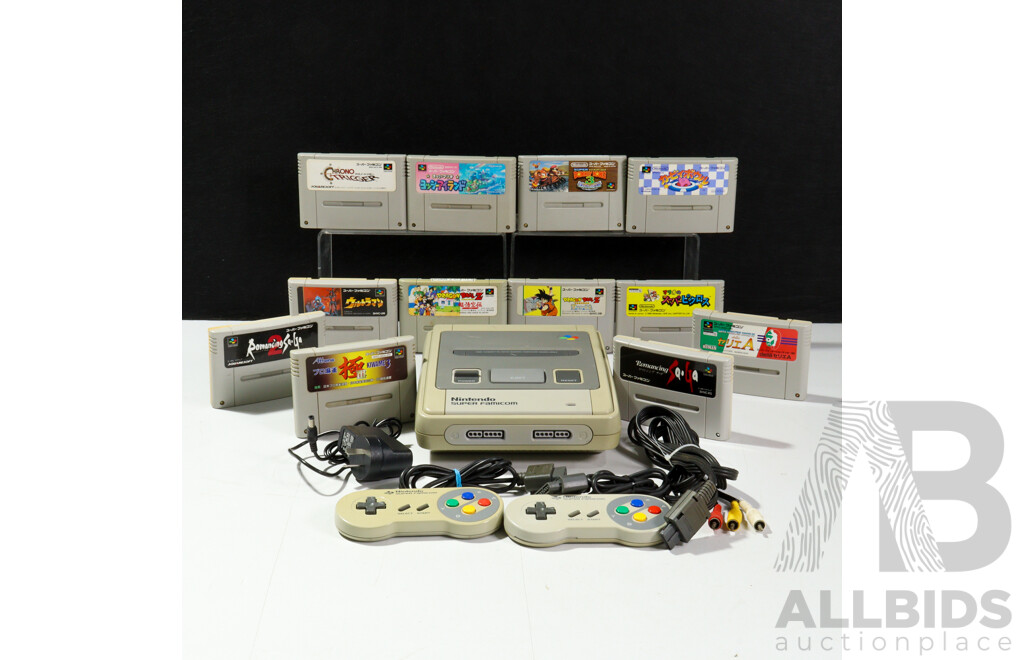 Vintage Nintendo Super Famicom Video Game Console with Controllers, Games & Power Cables