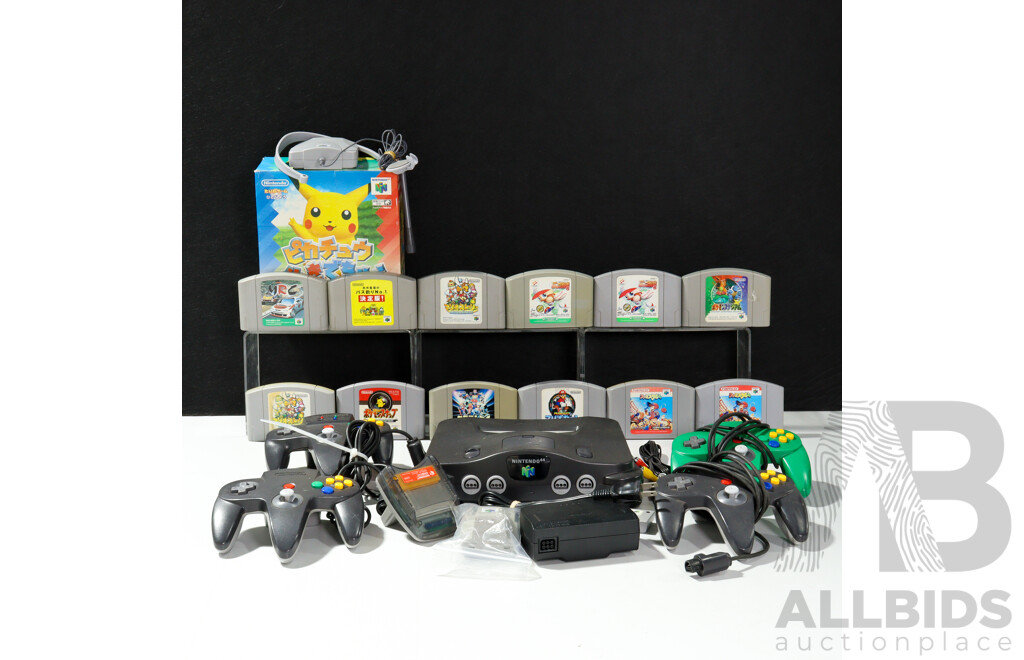 Nintendo N64 Videogame Console with 4 Controllers, Cables & Games