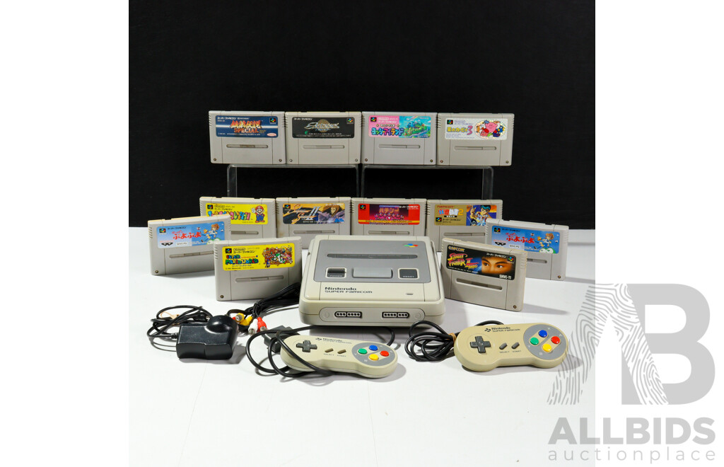 Vintage Nintendo Super Famicom Video Game Console with Controllers, Games & Power Cables