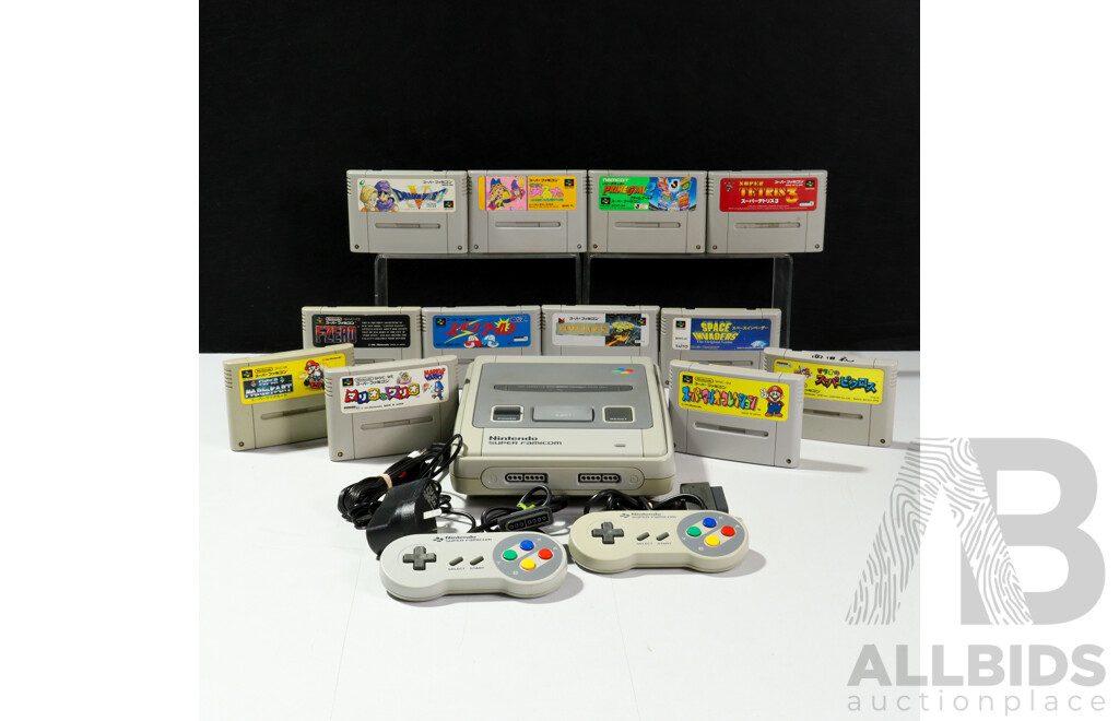 Vintage Nintendo Super Famicom Video Game Console with Controllers, Games & Power Cables