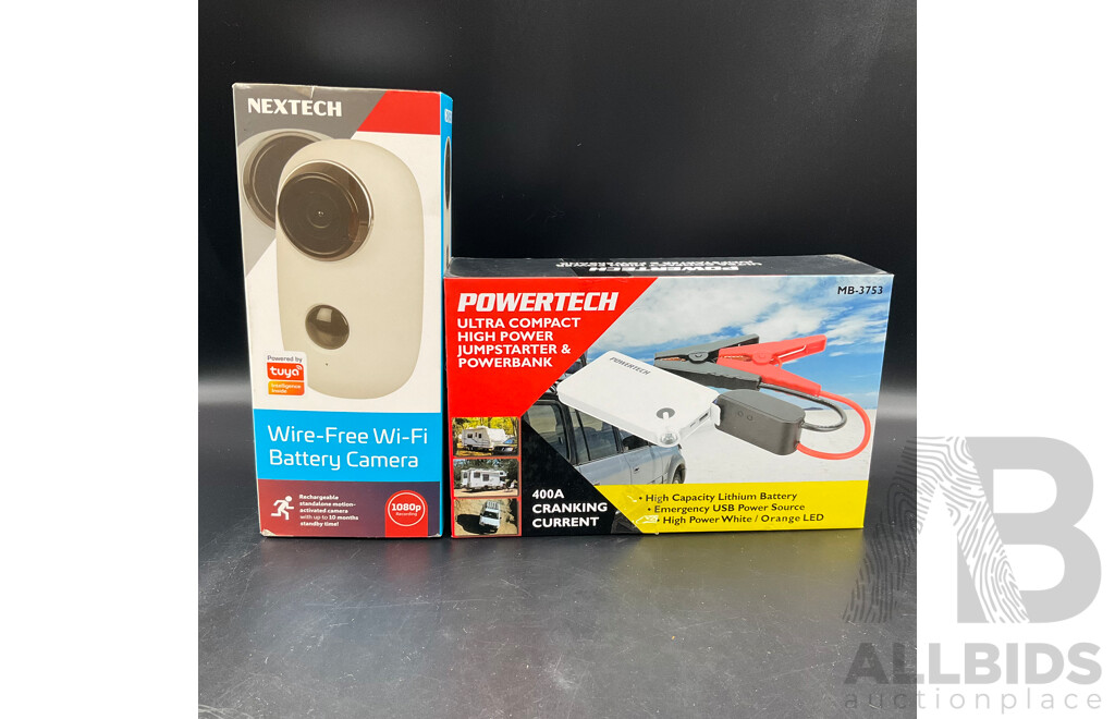 Nextech Wire-Free Wifi Battery Camera and Powertech Jumpstarter and Powerbank