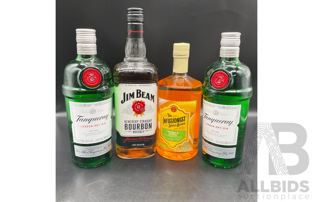 Tanqueray London Dry Gin 700ml, Jim Beam Bourbon 1L and  the Infusionist Small Batch 700ml
