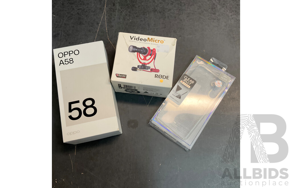 OPPO A58 Smart Phone & Rode Video Micro & Clear Phone Case for Galaxy A15 - Lot of 3