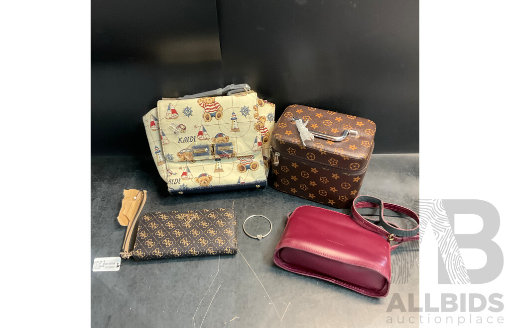 GUESS Long Brown Wallet and Assorted Bags and Bracelet - Lot of 5