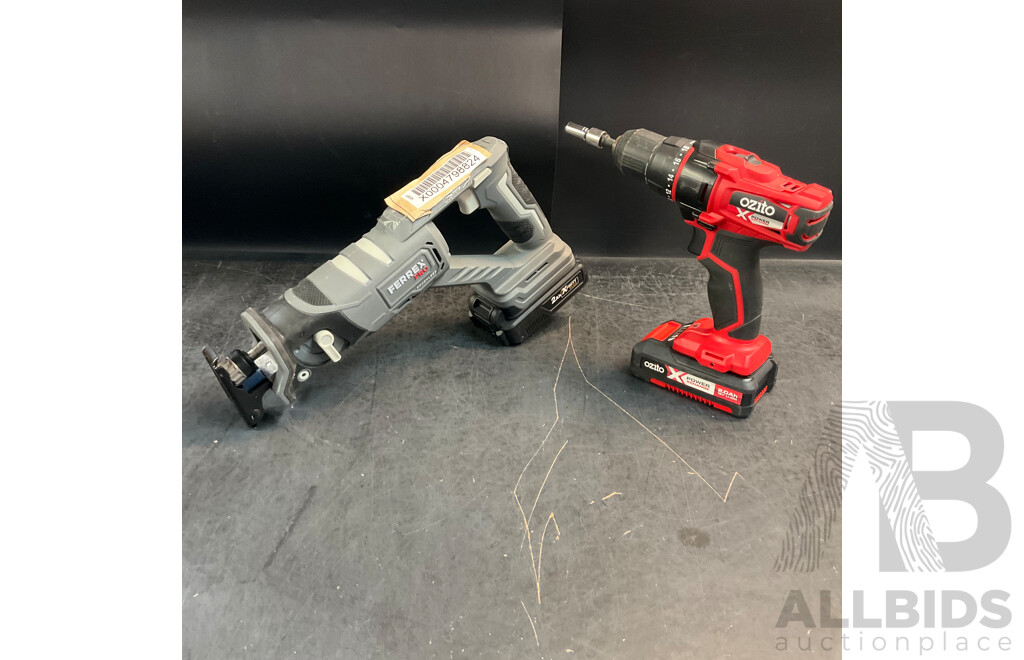 OZITO PXDDS-201 Cordless Drill Driver & FERREX Reciprocating Saw with Batteries - Lot of 2