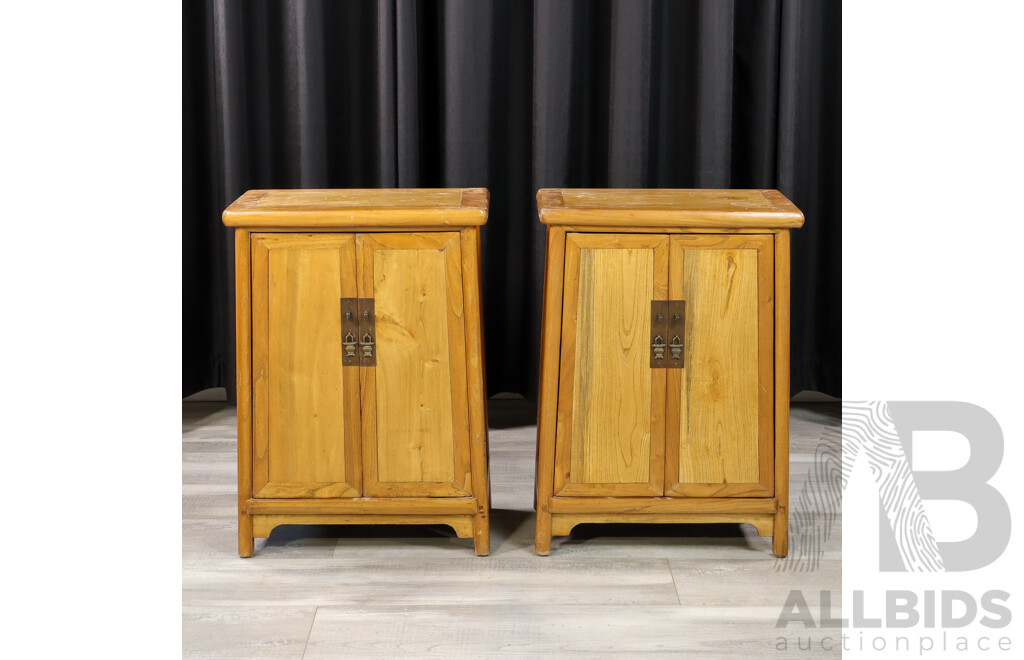 Pair of Chinese Elm Two Door Bedside Cabinets