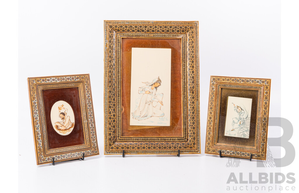 Artists Unknown (20th Century, Persian School), Musician, Musician Evoking Spirit & Man Lifting Bowl, Trio of Interesting Original Vintage Miniatures of Coloured Ink on Panels in Khatam Frames, 34 x 24 cm (frames largest) (3)