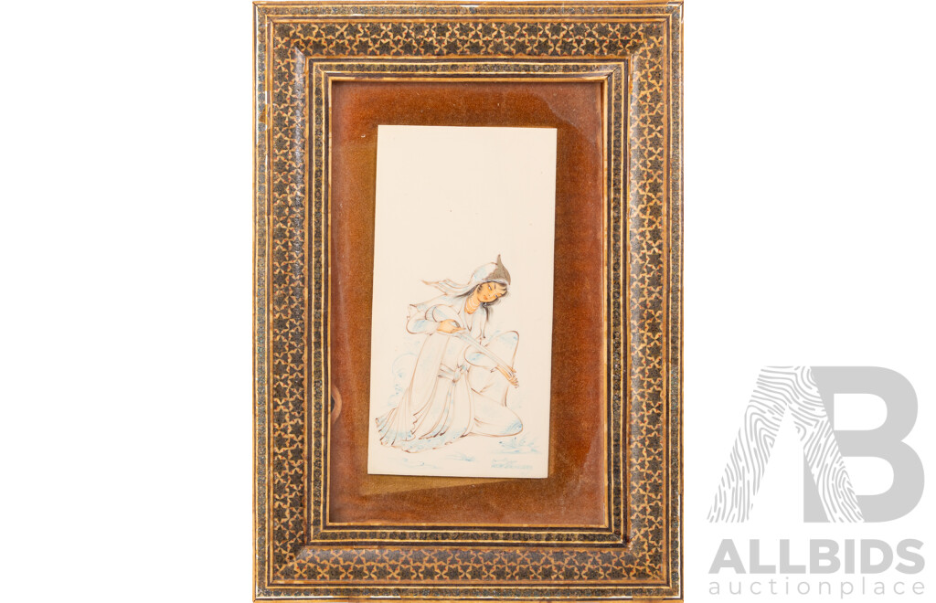 Artists Unknown (20th Century, Persian School), Musician, Musician Evoking Spirit & Man Lifting Bowl, Trio of Interesting Original Vintage Miniatures of Coloured Ink on Panels in Khatam Frames, 34 x 24 cm (frames largest) (3)