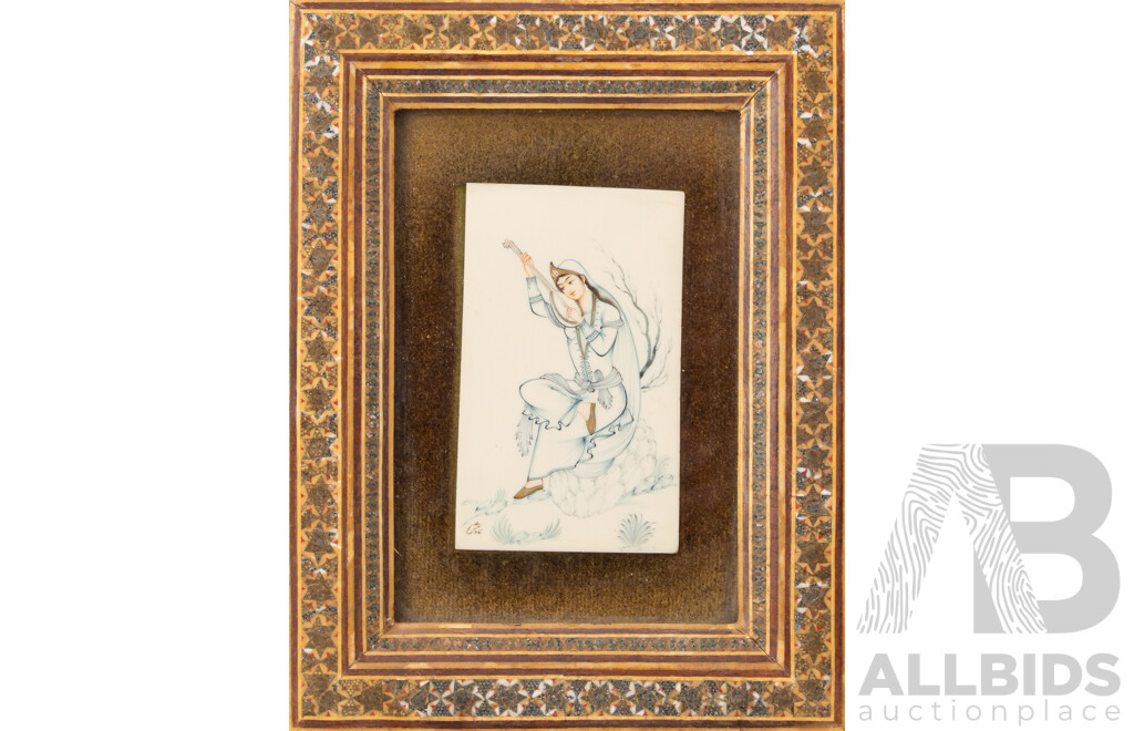 Artists Unknown (20th Century, Persian School), Musician, Musician Evoking Spirit & Man Lifting Bowl, Trio of Interesting Original Vintage Miniatures of Coloured Ink on Panels in Khatam Frames, 34 x 24 cm (frames largest) (3)